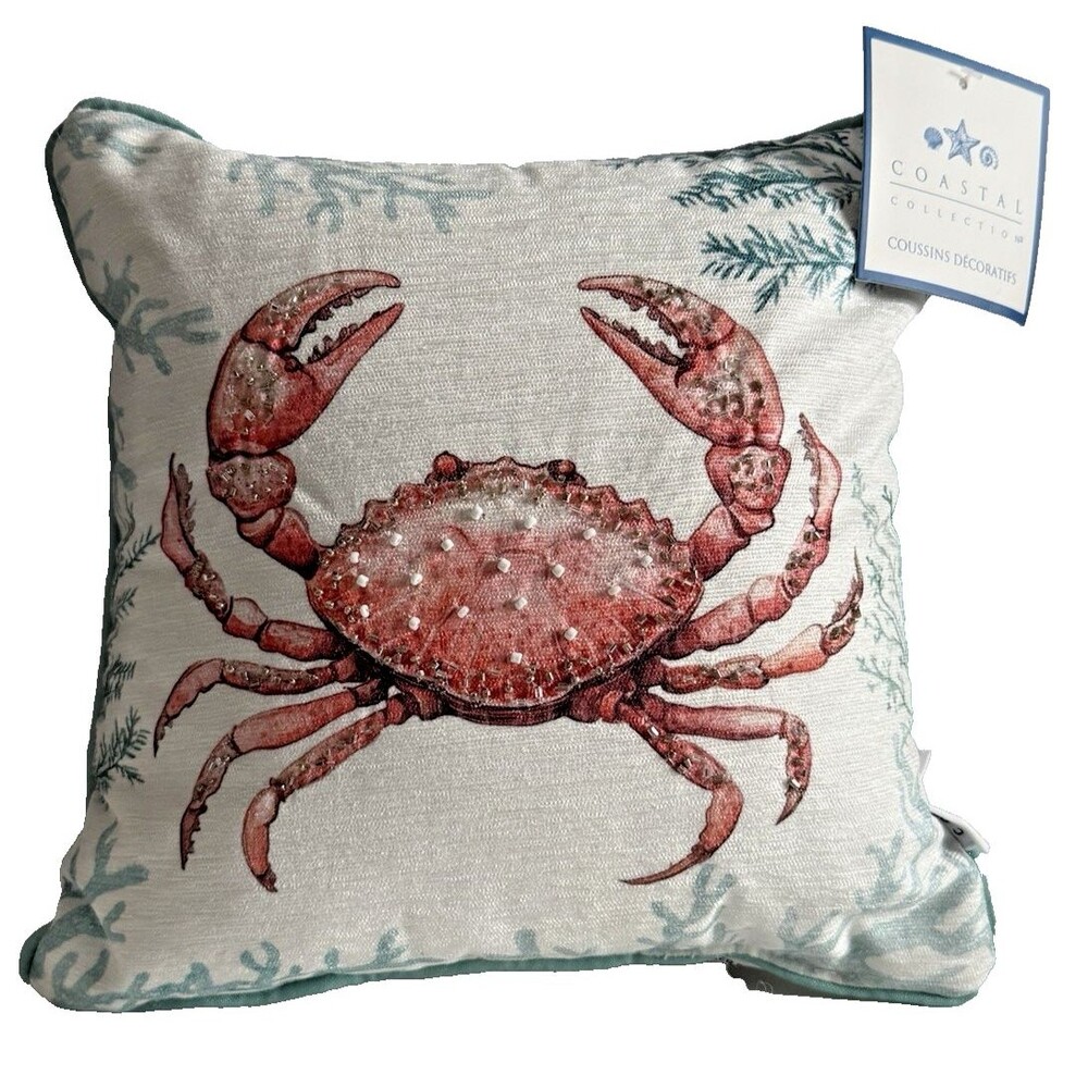 Coastal Collection Red Crab Beaded Decorative Throw Pillow 12 X 12” Beach Ocean